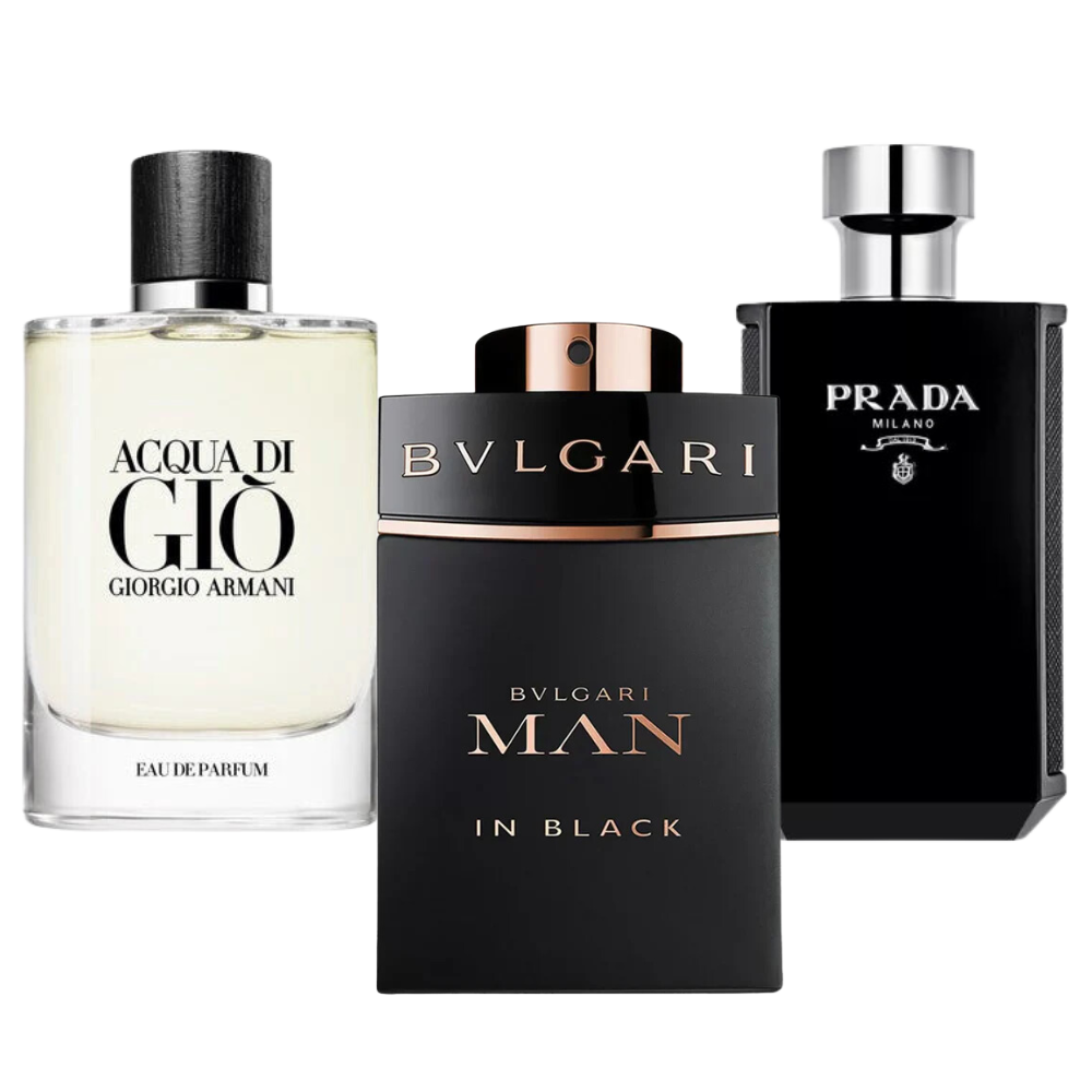 3 Bvlgari Perfumes In Black, Giorgio Armani Acqua Di Gio, L'Homme Prada Intense (Eau Parfum)