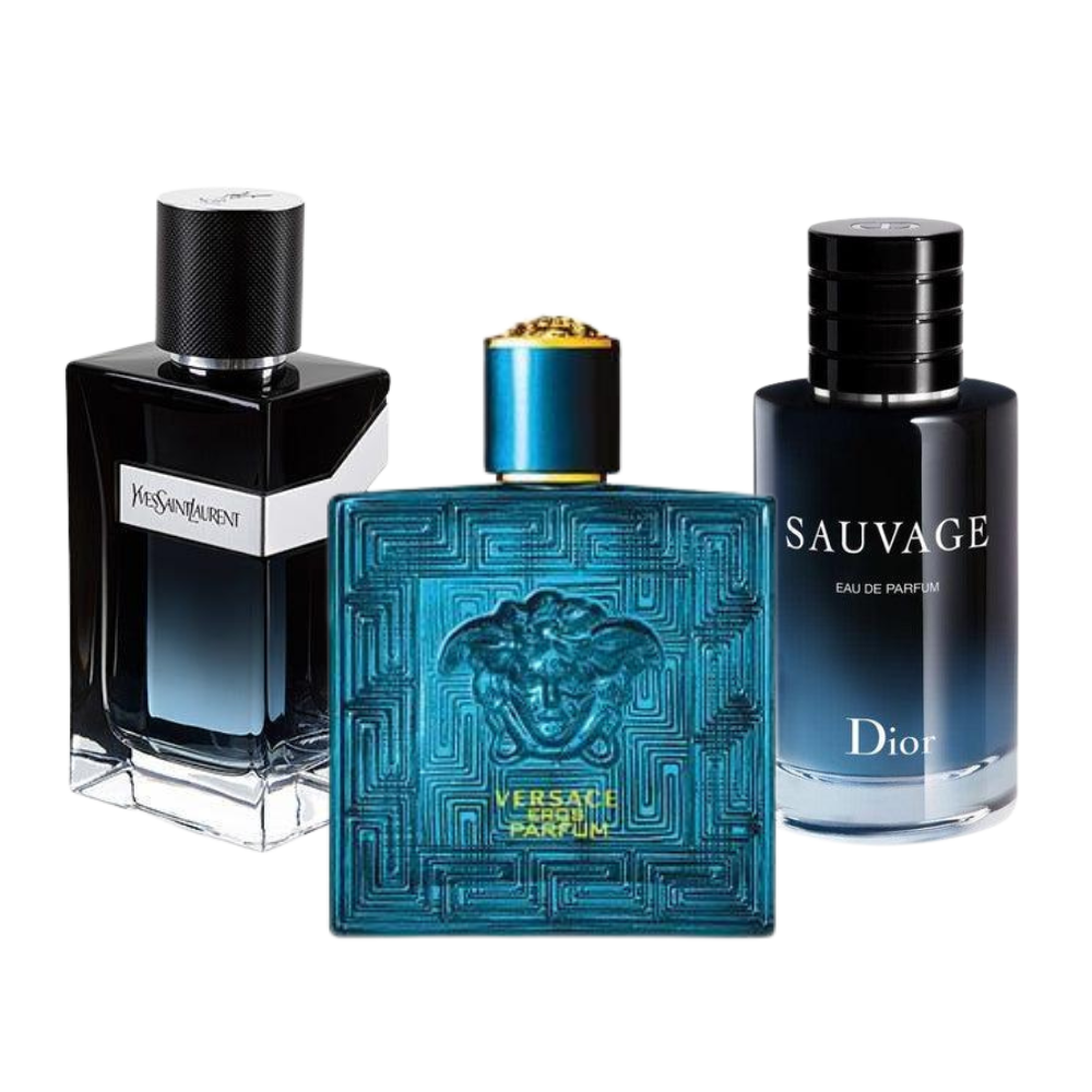 3 perfumes Dior SAUVAGE, Yves Saint Laurent Y MEN and Versace EROS